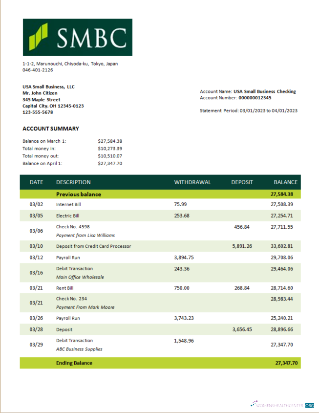 Download SMBC Bank firm account statement Word and PDF template Photoshop template